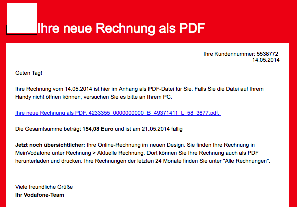 Telekom E-Mail mit dem Betreff: RechnungOnline Monat Mai 2014